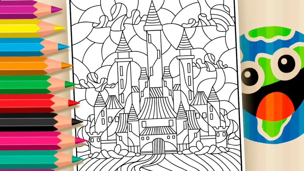 Intricate mosaic coloring page of a Disney castle, designed for adults, featuring complex patterns and extensive details for a challenging coloring experience.
