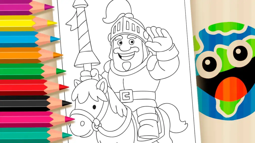 Coloring page of the Prince from the game Clash Royale, riding his pony, holding his lance, and waving with a smile.