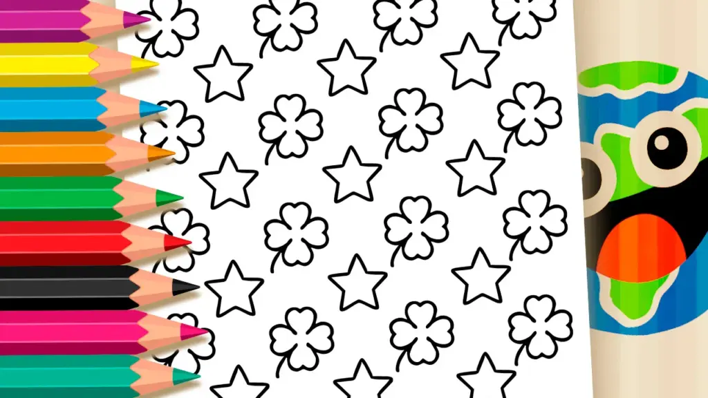 A black and white line art image featuring a repeating pattern of four-leaf clovers and five-pointed stars, ready for coloring.