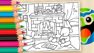 Coloring page Coloring Page: Cozy Fireplace with Bobbie Goods