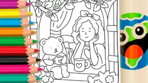 Coloring page Coloring Page: Girl and Teddy Bear at the Window