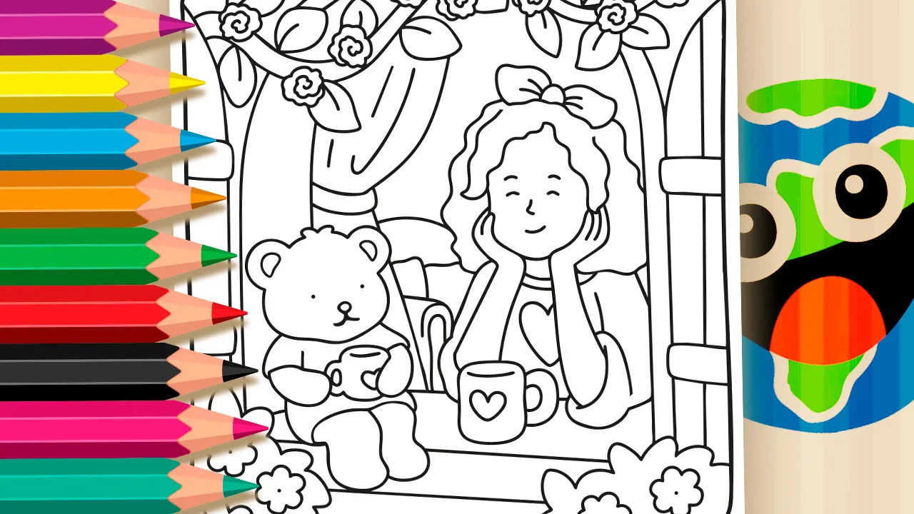 Coloring Page: Girl and Teddy Bear at the Window