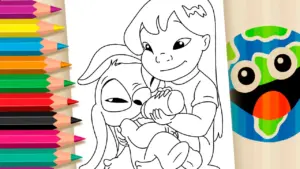 Coloring page Stitch Coloring Page – Lilo Feeding Stitch with a Bottle 🖍️