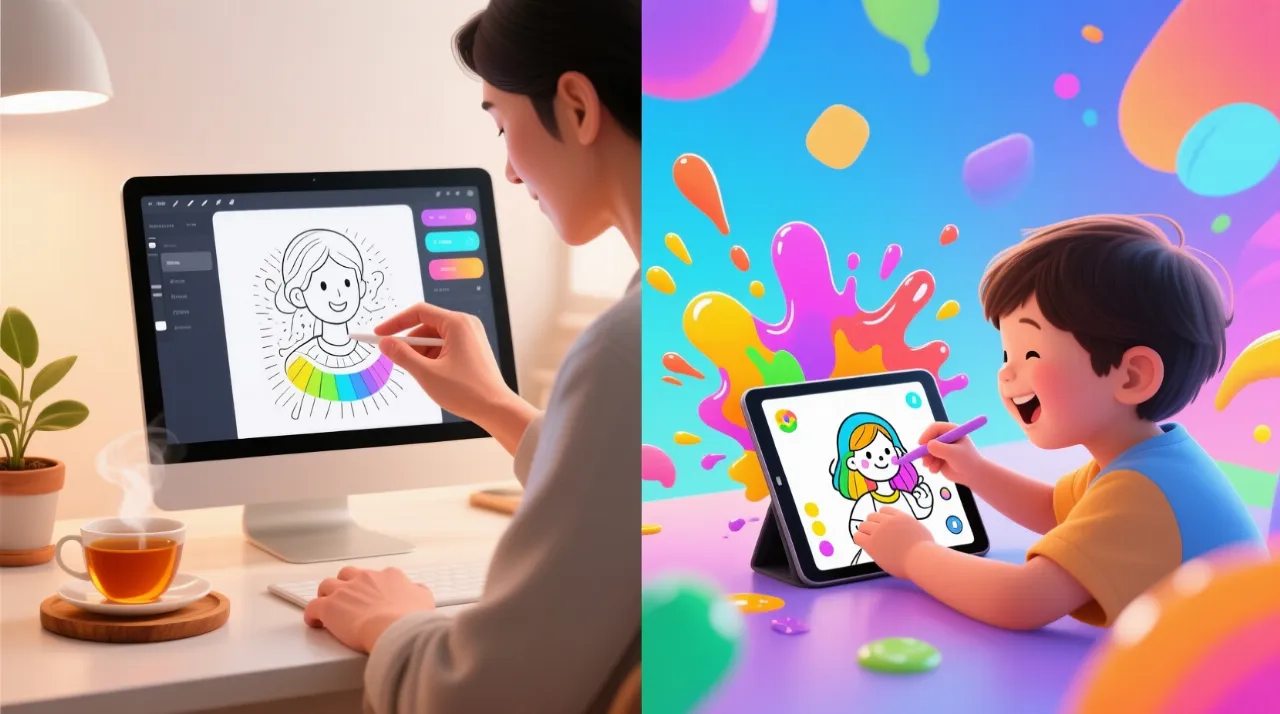 Adult and kid coloring online and having fun.