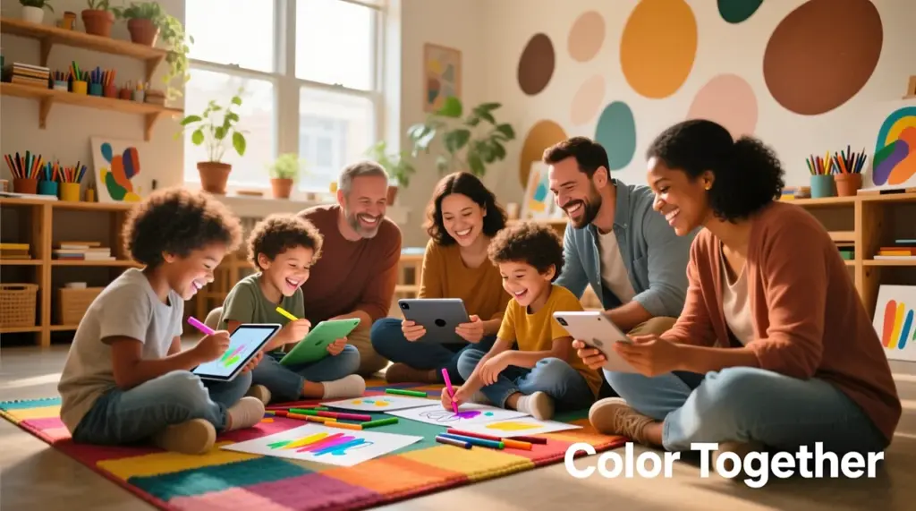 A group of people (adults and children) happily coloring on various devices. Joy, relaxation, and community.