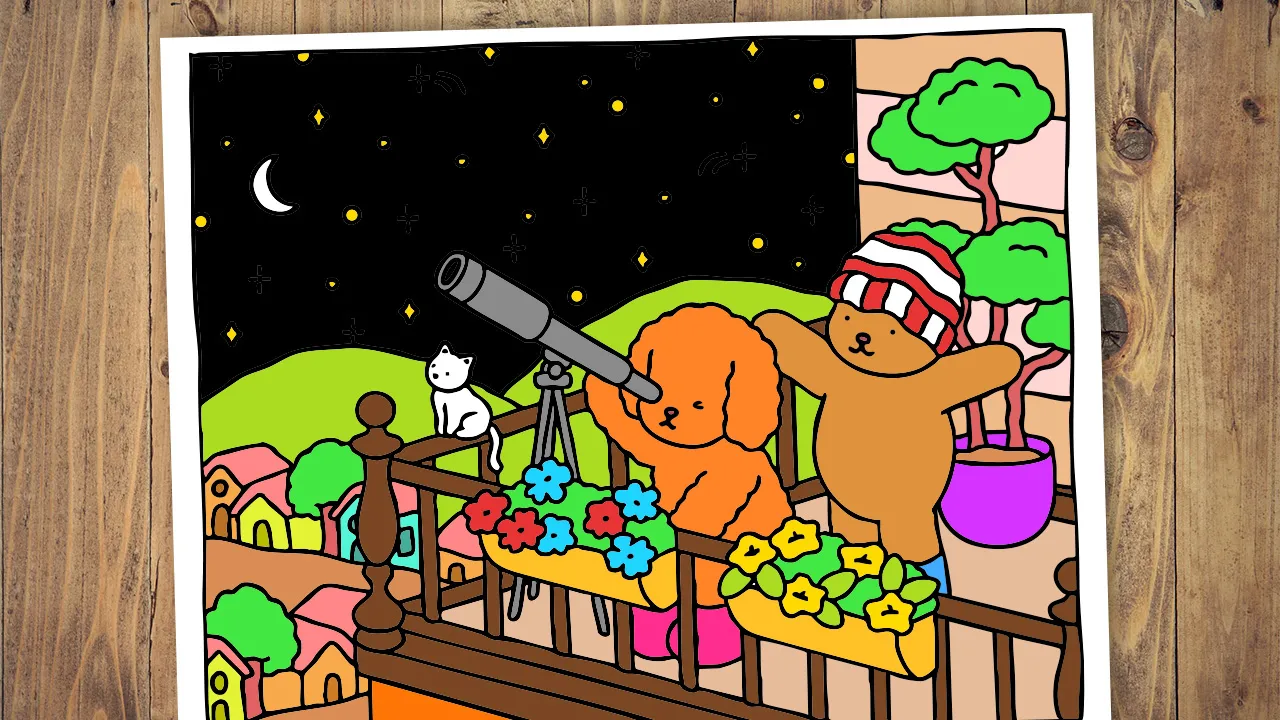 A vibrant BOBBIE GOODS COLORING PAGES illustration featuring a cute orange poodle and a brown bear on a balcony at night. The poodle looks at the starry sky through a telescope as the bear, wearing a striped hat, waves cheerfully.