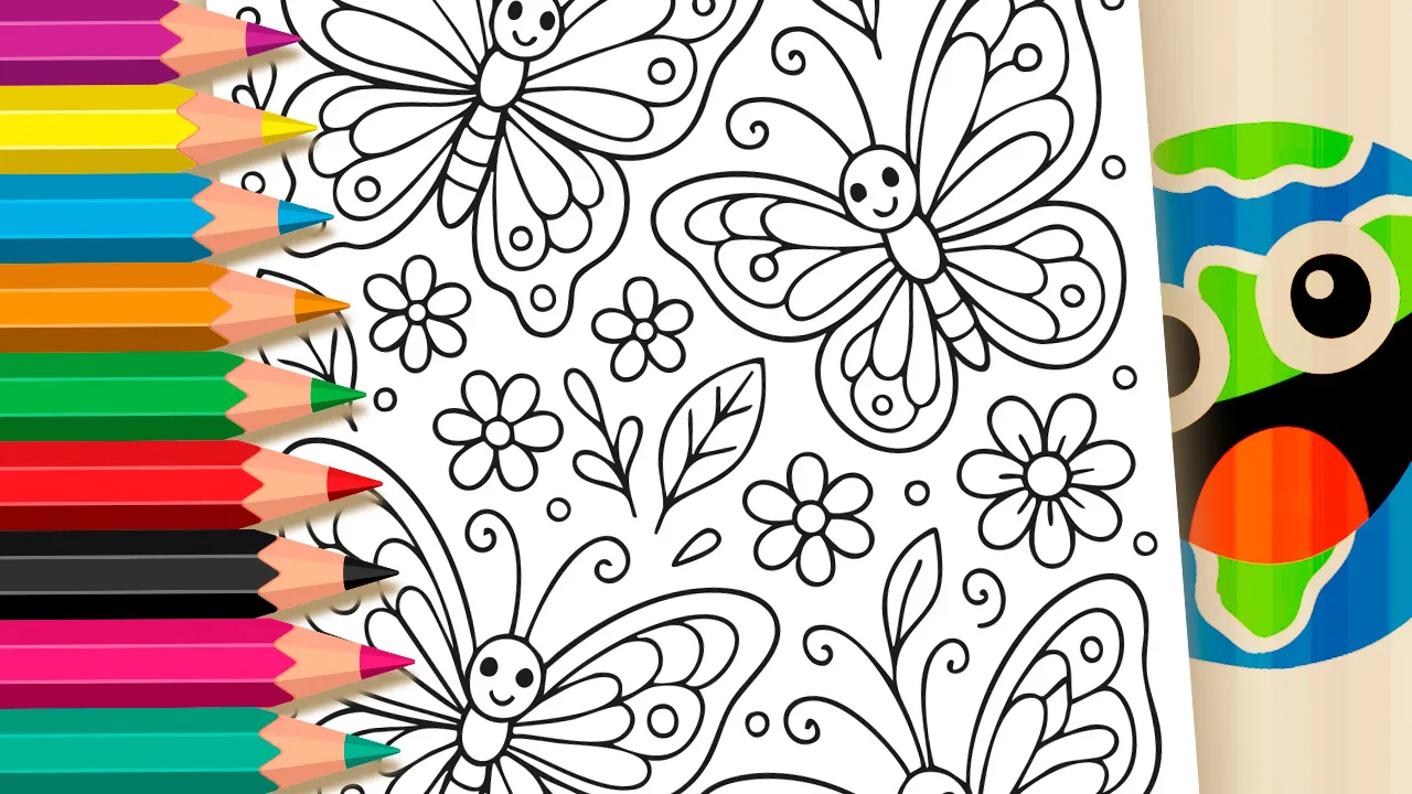 Butterfly coloring page: 4 butterflies, flowers, leaves, dots, swirls; free printable, creative activity - worldcoloring.com