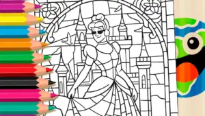 Coloring page A Modern Princess: Cinderella in a Stained Glass Masterpiece