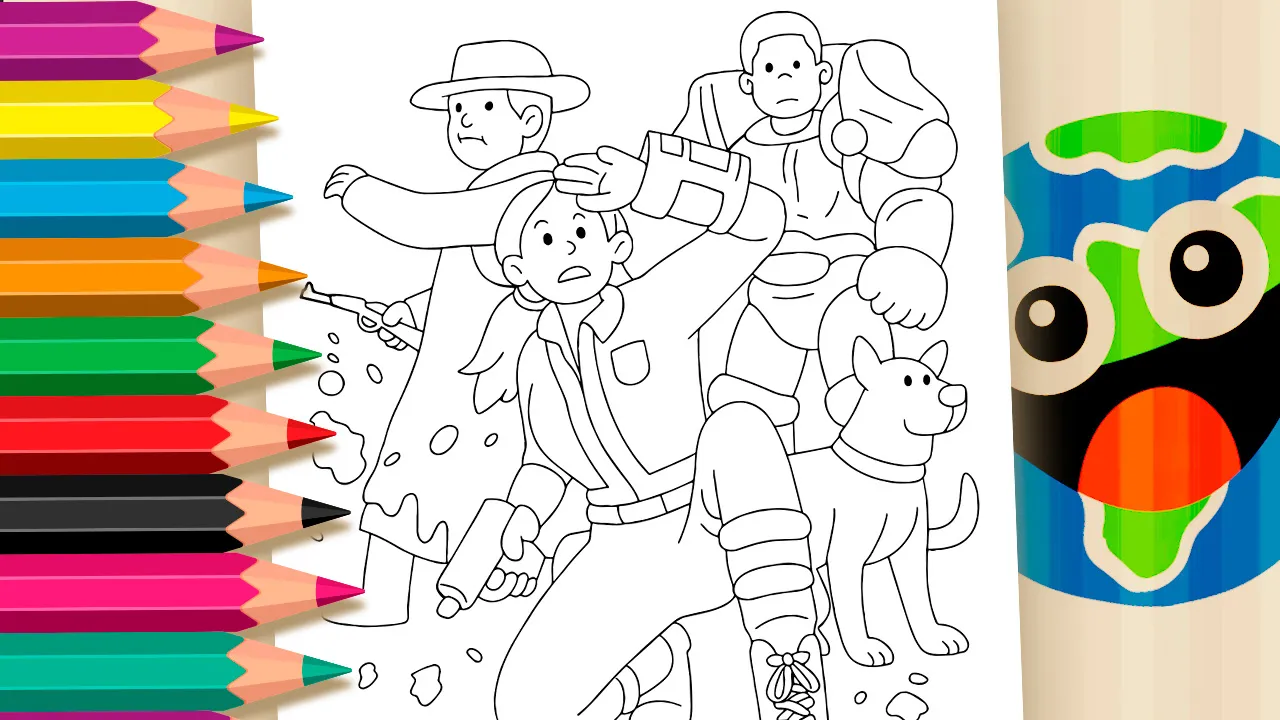 Coloring page from the Fallout TV series, featuring Lucy the Vault Dweller, Maximus in Power Armor, The Ghoul, and their dog companion exploring the Wasteland.