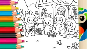 Coloring page You're Invited to a Bunny Party with Labubu and The Monsters!