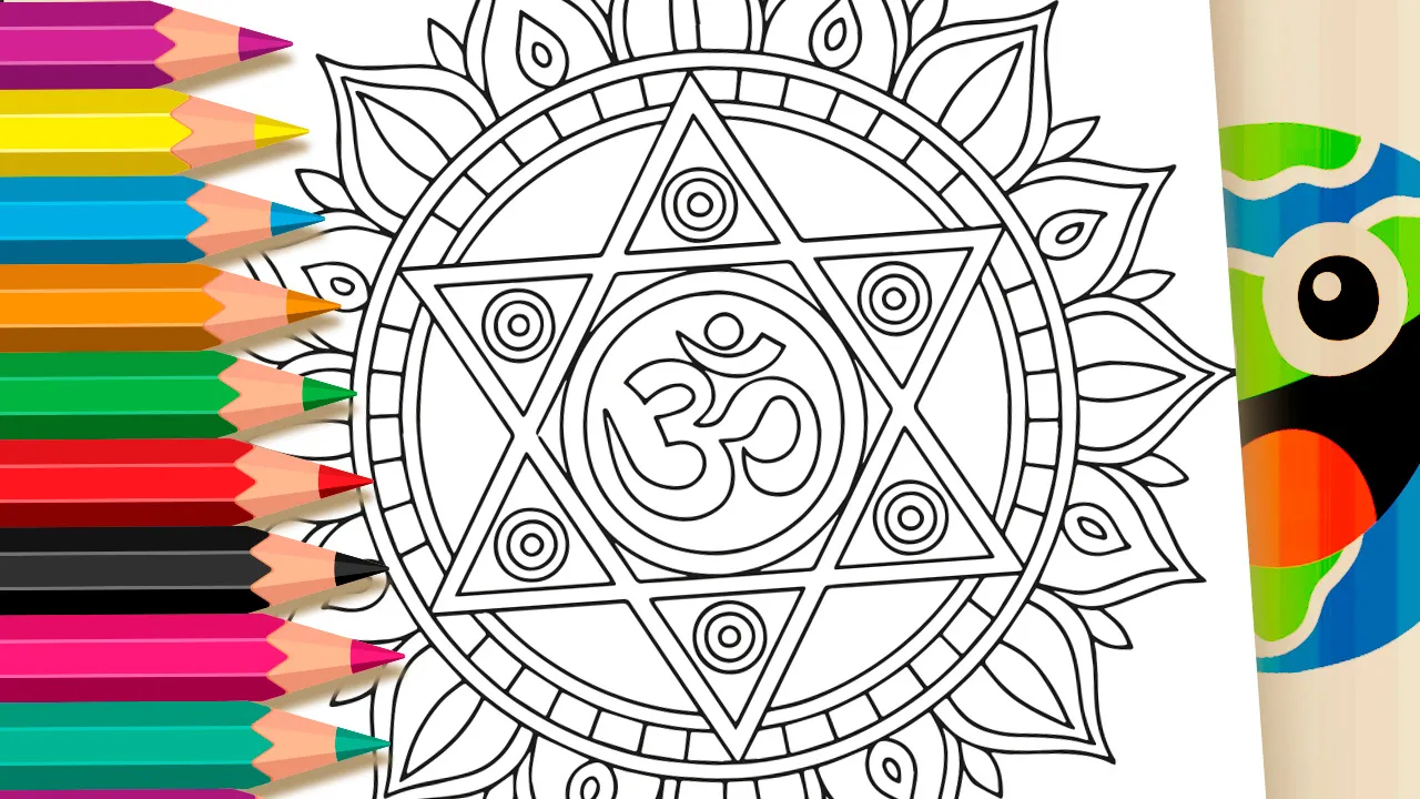 Intricate Om mandala coloring page with floral patterns, sacred geometry, and spiritual symbols. Free printable creative activity from worldcoloring.com.
