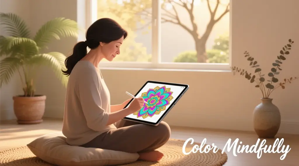A serene image of a person (adult) deeply engrossed in coloring on a tablet, with soft, warm lighting and a hint of nature in the background. The tablet screen shows a colorful, intricate mandala or nature scene being colored