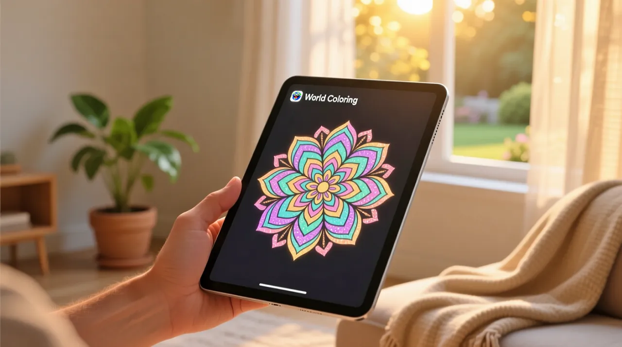 A close-up shot of a person's hand holding a tablet displaying the 'World Coloring' app with a vibrant, partially colored mandala design. The background is softly blurred, showing a cozy indoor setting with warm sunlight streaming through a window, highlighting a green plant and a draped blanket on a sofa. The image conveys a sense of calm, creativity, and digital well-being.