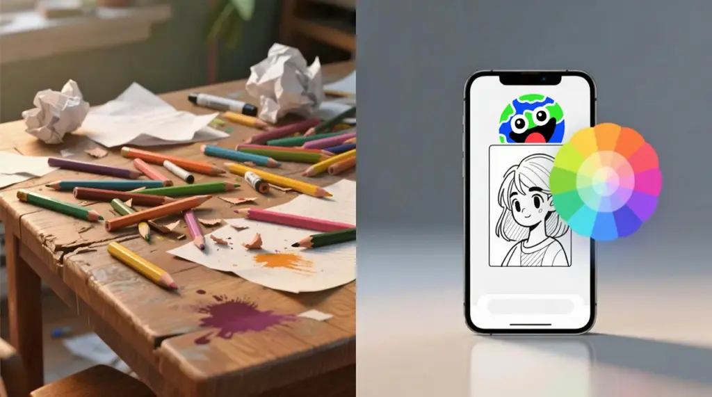 Comparison between coloring on paper with a mess of pencils and coloring online on a clean digital device.