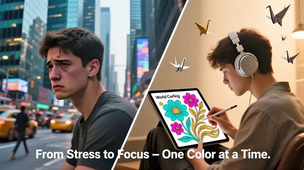 A split image or collage showing: on one side, a person looking stressed or overwhelmed; on the other side, the same person looking calm and focused while coloring on World Coloring, with a vibrant, partially completed artwork on screen.