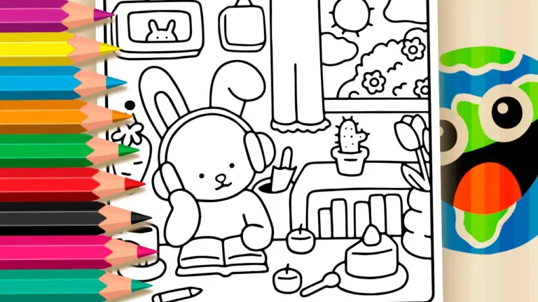 Lo-fi Study Bunny Online Coloring Page | WorldColoring - Cute & Kawaii Coloring Pages Online