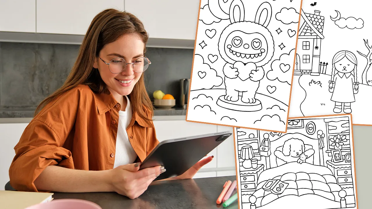 Gallery of coloring drawings online featuring a person using a tablet to paint.
