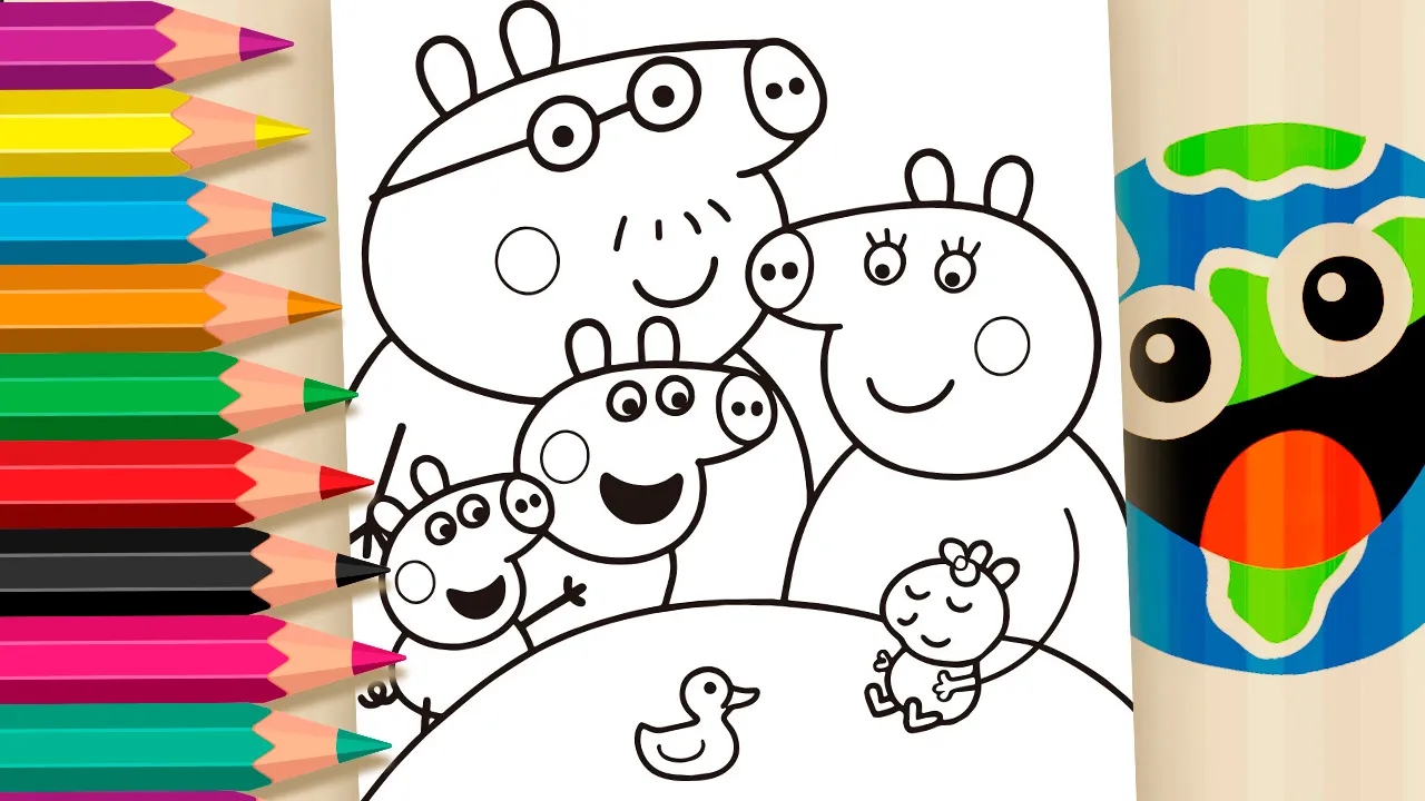 Peppa Pig family welcomes a new baby coloring page. A free printable kids activity from worldcoloring.com with a duck and monitor.