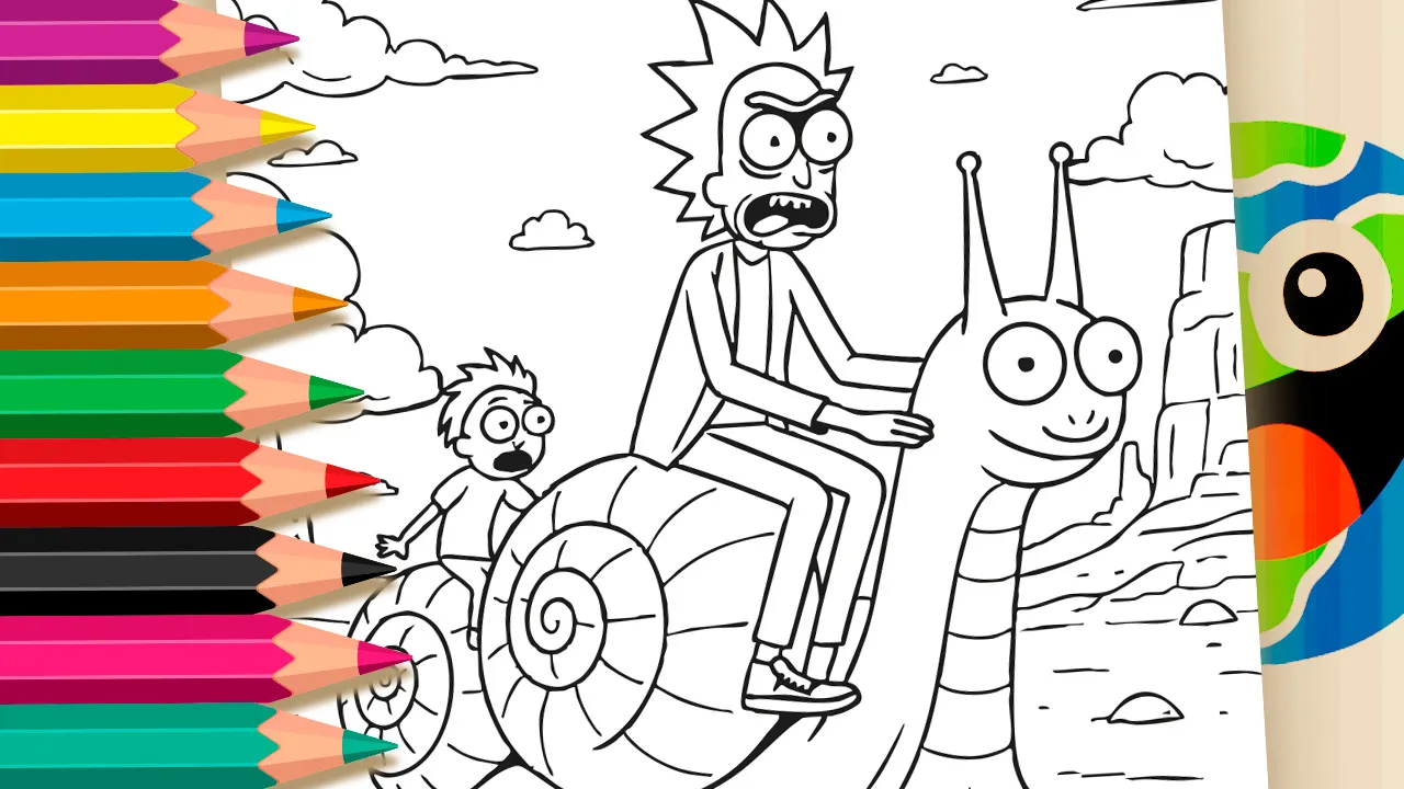 Rick and Morty riding a giant snail in a desert. A fun sci-fi coloring page and free printable for a creative activity from worldcoloring.com.