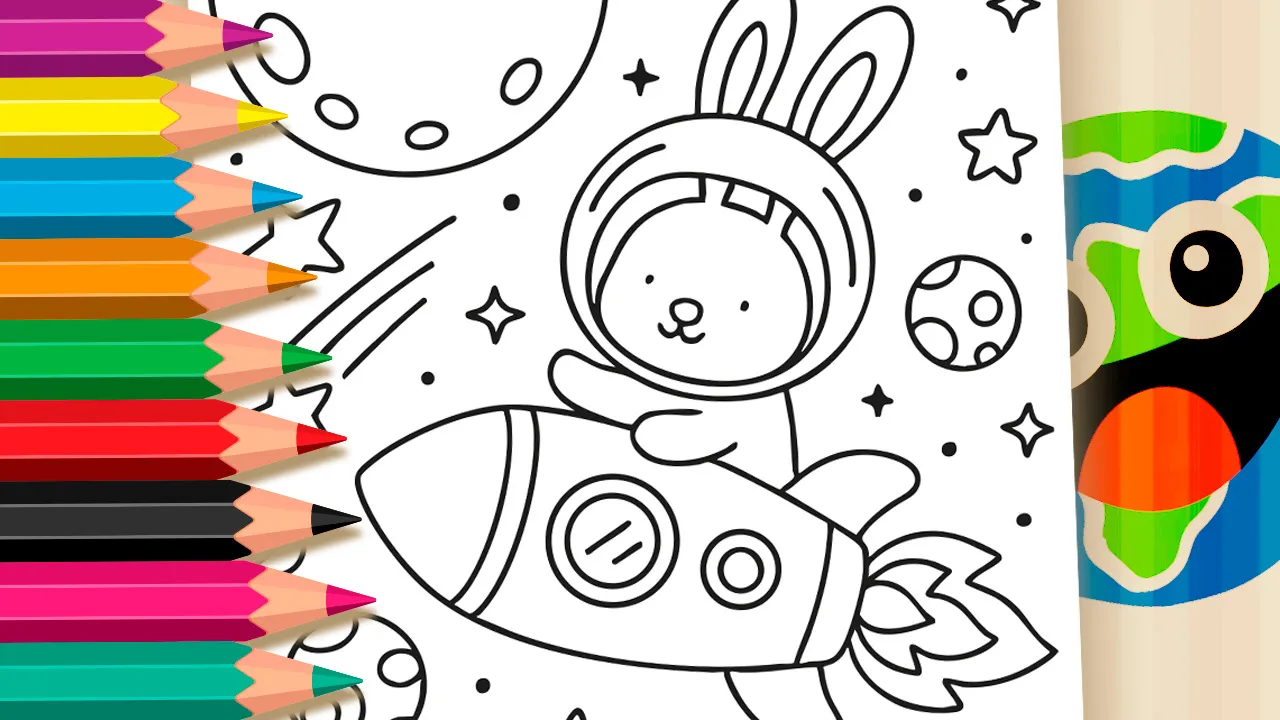 A space bunny on a rocket and a friendly alien on a coloring page for the online coloring tool at WorldColoring.com.