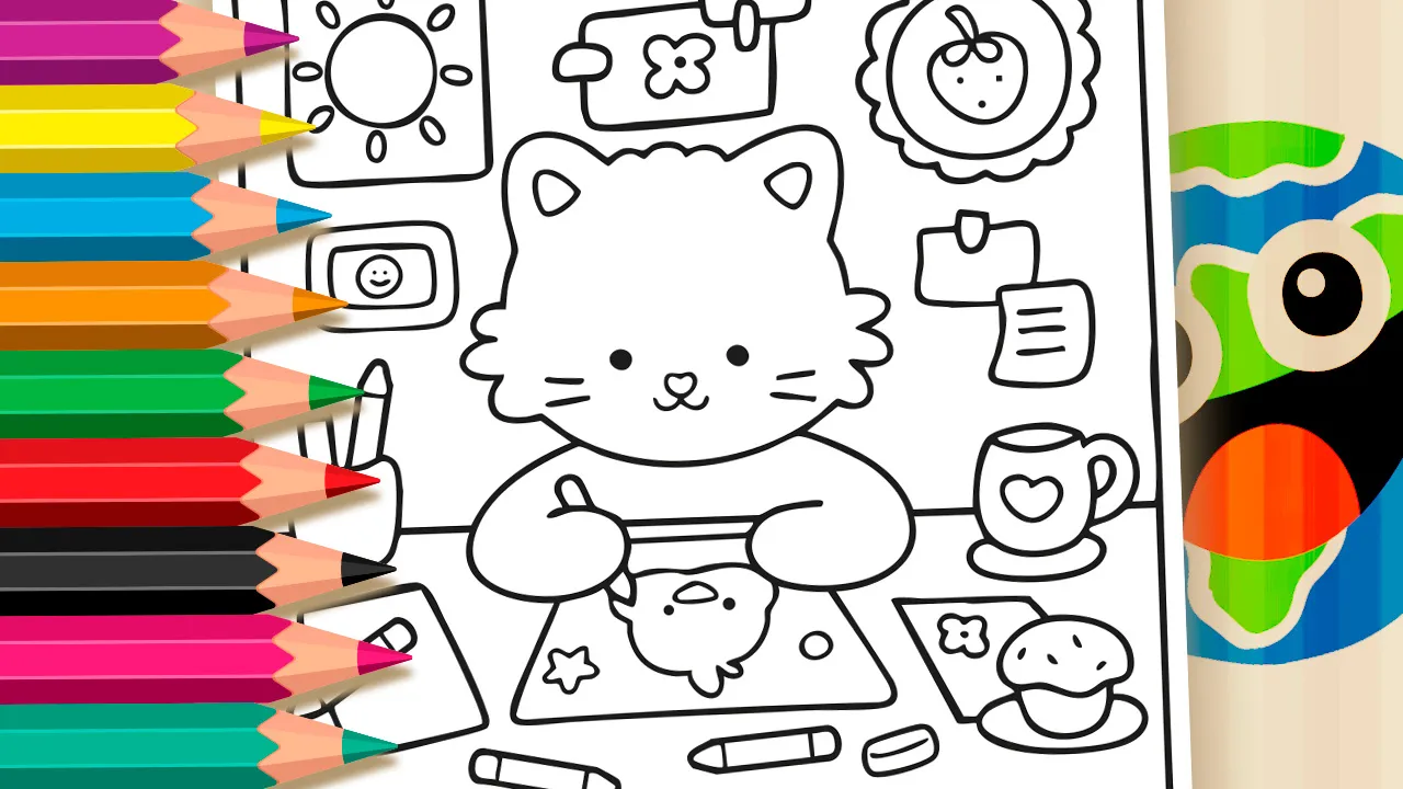 Free online coloring page of a cute kitten coloring a bird drawing with markers, surrounded by art supplies on worldcoloring.com