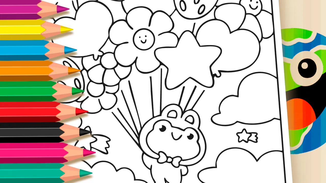 Frog with Balloons online coloring page for free - drawing of a cute frog being lifted by flower, star, and heart balloons on worldcoloring.com