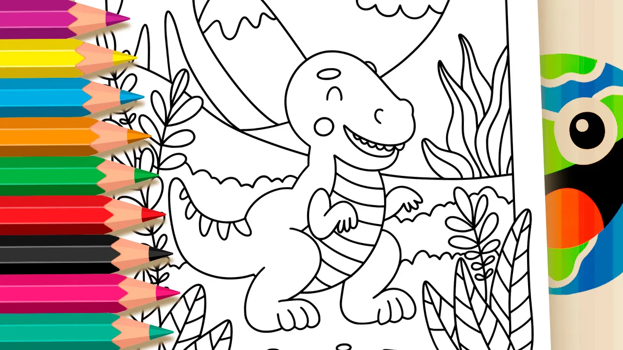 Dinosaur coloring page - drawing of a friendly tyrannosaurus rex in a prehistoric landscape with volcanoes to print or color online.
