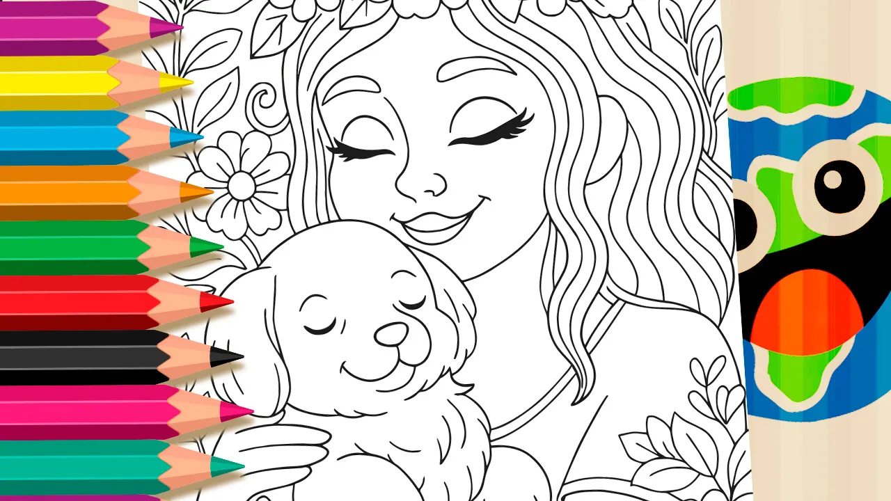 A girl with a flower crown lovingly hugs a cute puppy in this coloring page from the online coloring tool on WorldColoring.com.