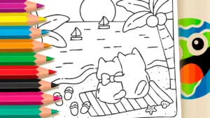 Coloring page Cat Couple Beach Online Coloring Page | WorldColoring