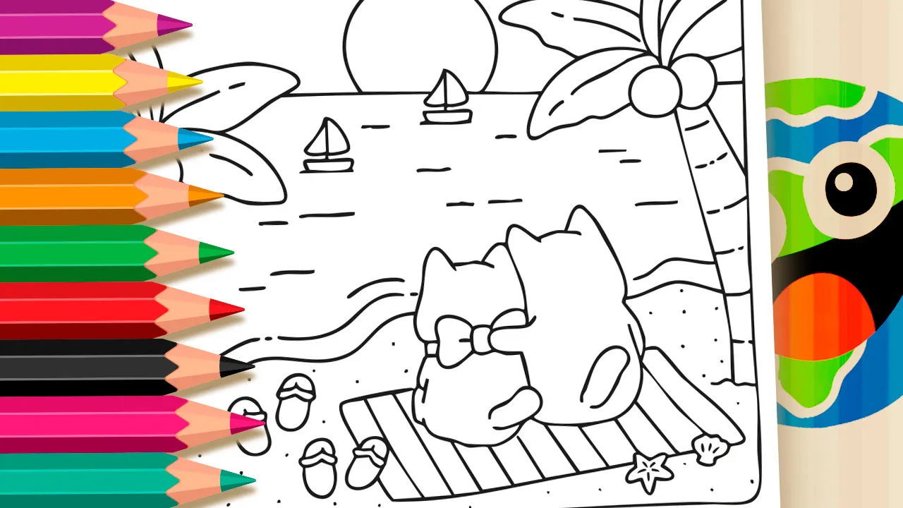Cat Couple Beach Online Coloring Page | WorldColoring