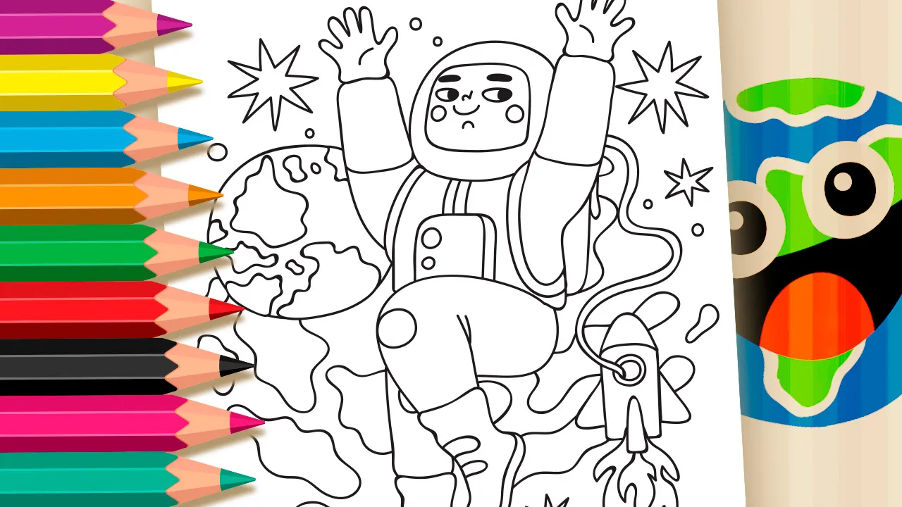 Coloring page of a cute astronaut - friendly astronaut with open arms floating in space to print or color online
