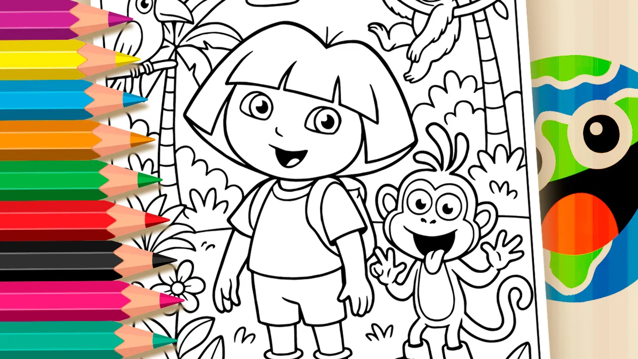 Dora the Explorer coloring page - Dora and Boots in the jungle with a toucan and sloth to print or color online