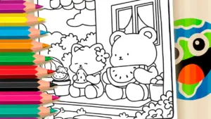 Coloring page Cute Bear & Cat Snack Online Coloring Page | WorldColoring