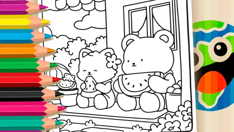 Cute Bear & Cat Snack Online Coloring Page | WorldColoring - Cute & Kawaii Coloring Pages Online