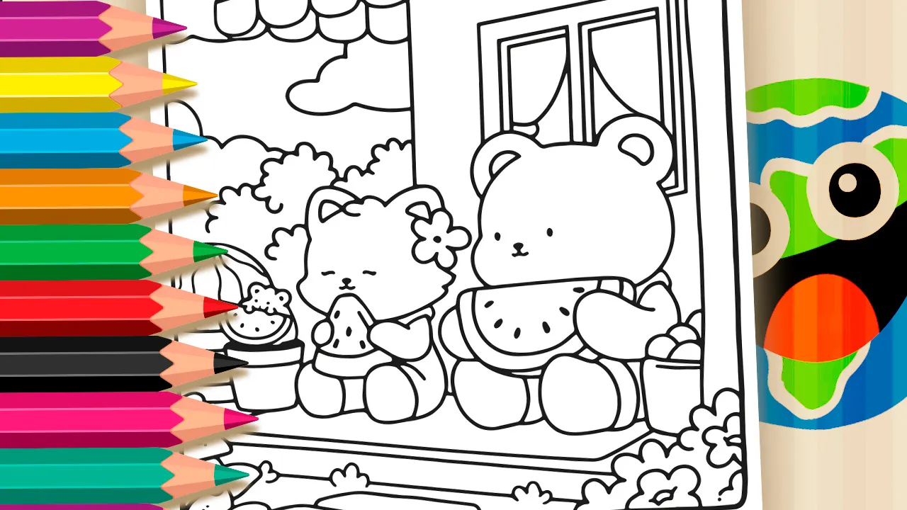 Cute Bear & Cat Snack Online Coloring Page | WorldColoring