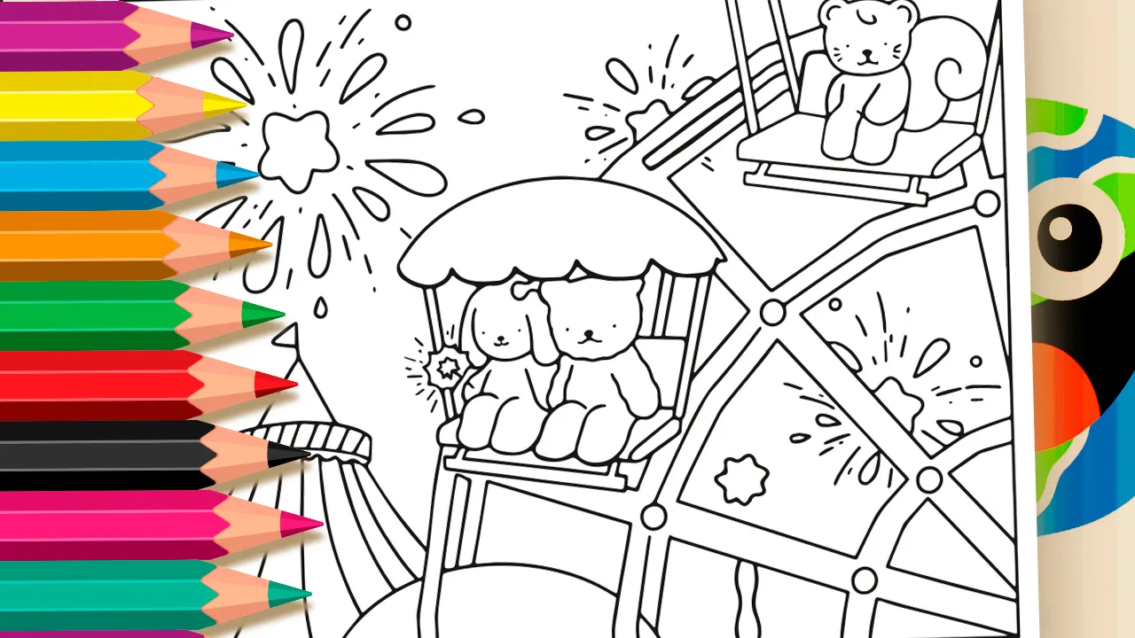A cute coloring page of two bears on a Ferris wheel with fireworks, designed for the online coloring tool at WorldColoring.com.