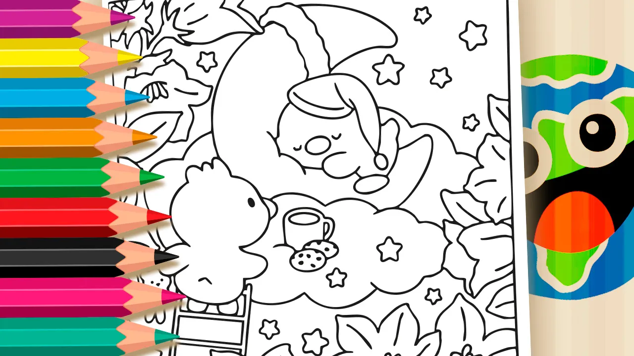 Ducks at Bedtime coloring page online free - duckling sleeping on the moon, another climbing ladder to cloud with milk and cookies on worldcoloring.com