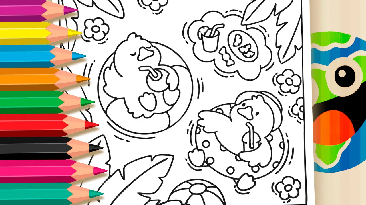 Ducks in the Lake coloring page online free - two ducks on floaties in the water with drinks, flowers, and a beach ball on worldcoloring.com