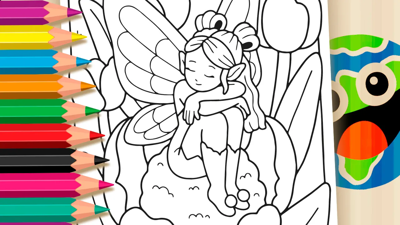 Fairy with wings sitting on a flower coloring page with stars and leaves. Online coloring tool at WorldColoring.com.
