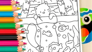 Coloring page Fishing Kitten Online Coloring Page | WorldColoring