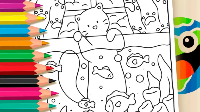 Fishing Kitten Online Coloring Page | WorldColoring - Cute & Kawaii Coloring Pages Online