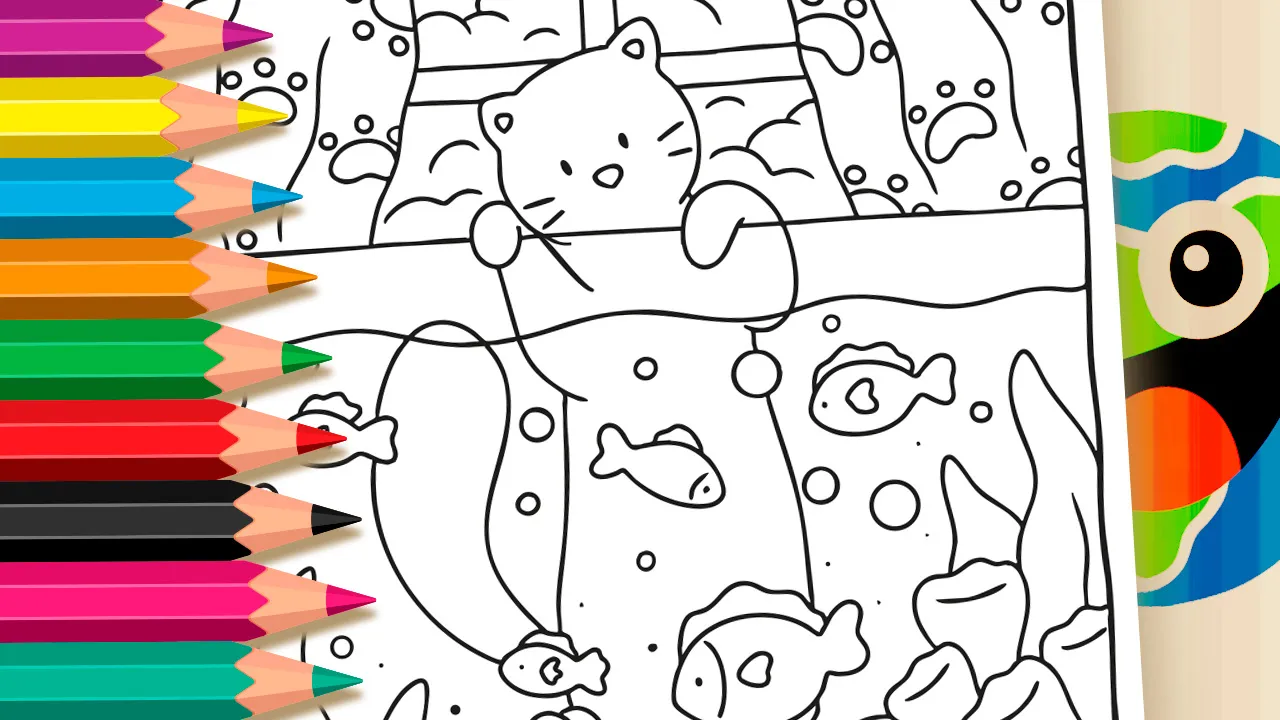 Fishing Kitten Online Coloring Page | WorldColoring