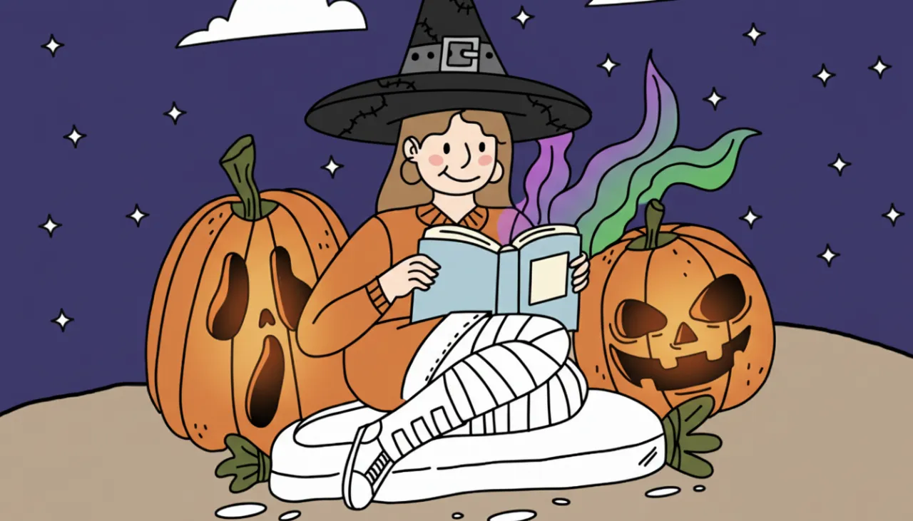A friendly witch reads a magical book between two pumpkins at night.