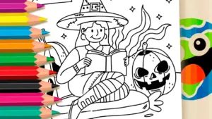 Coloring page Halloween Witch Reading Online Coloring Page | WorldColoring