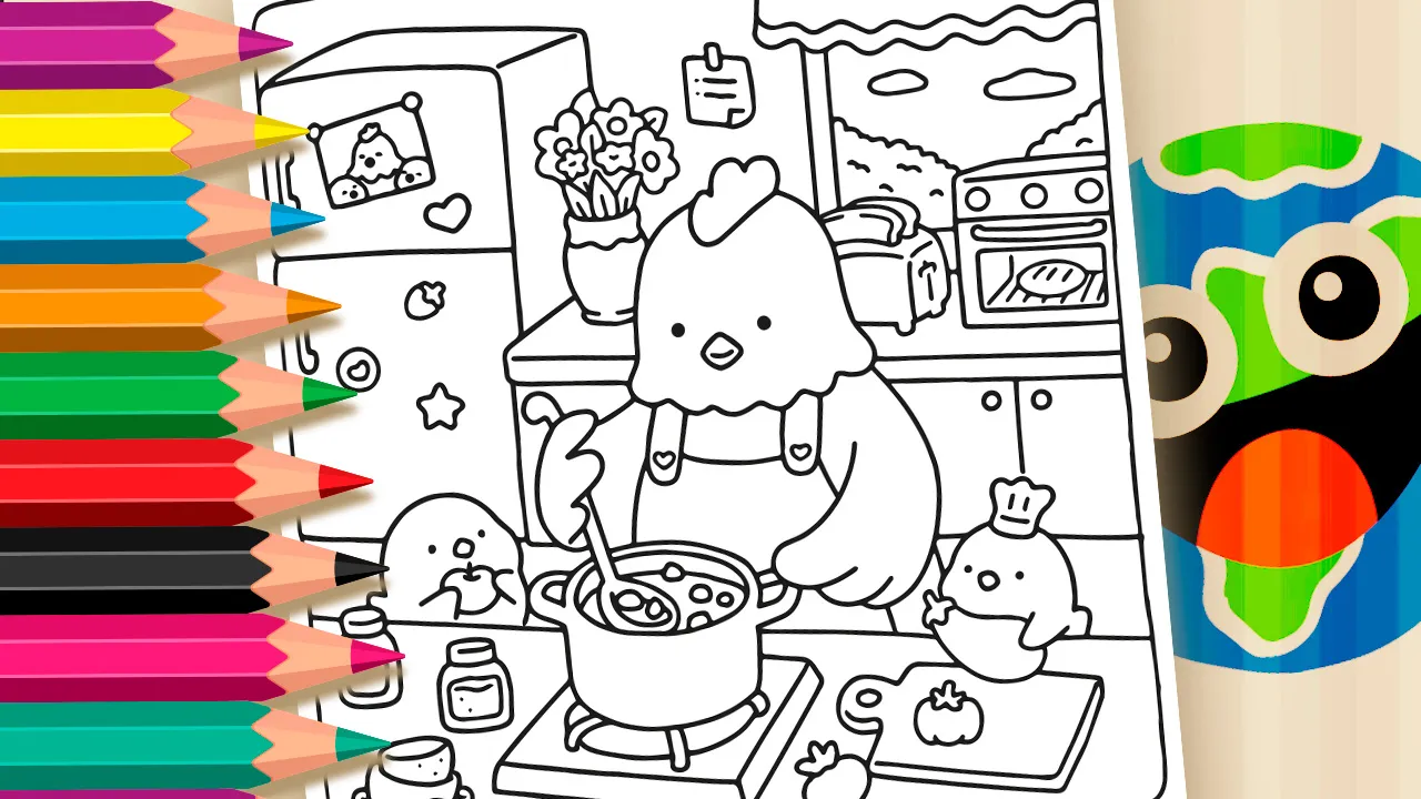 A cute mommy chicken cooking with her two chicks in a kitchen. Online coloring page on the WorldColoring.com coloring tool.