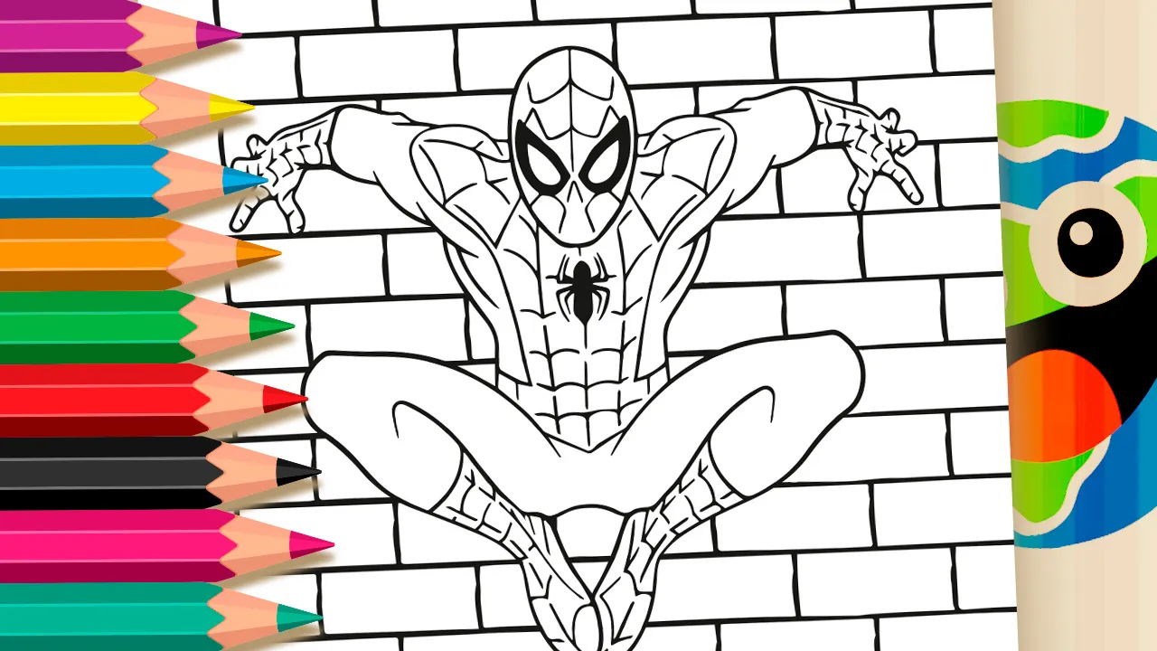 Spider-Man coloring page - drawing of the superhero crouching on a brick wall to print or color online.