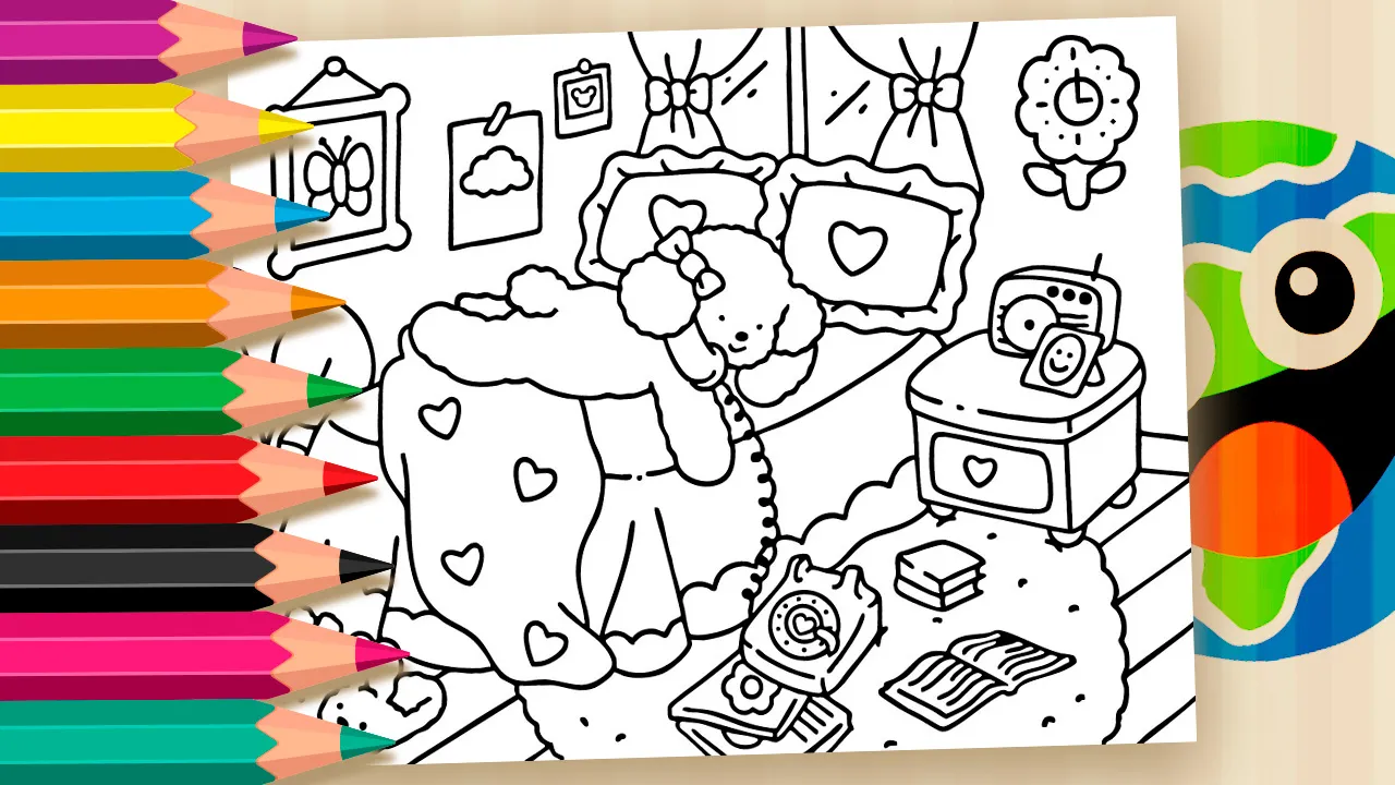 Coco Wyo coloring page - cute puppy in pajamas in a cozy bedroom to print or color online