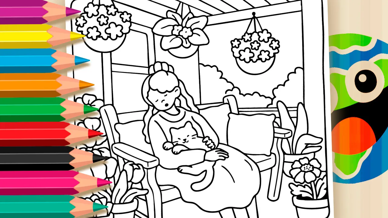 Cute Girl and Cat Coloring Page – Color Online or Print Free!