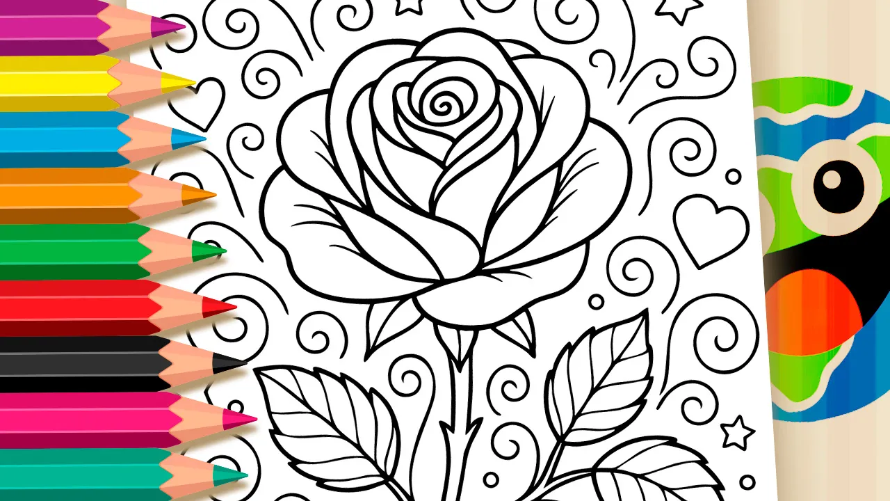 Rose coloring page - a rose with leaves, surrounded by hearts, stars, and swirls to print or color online