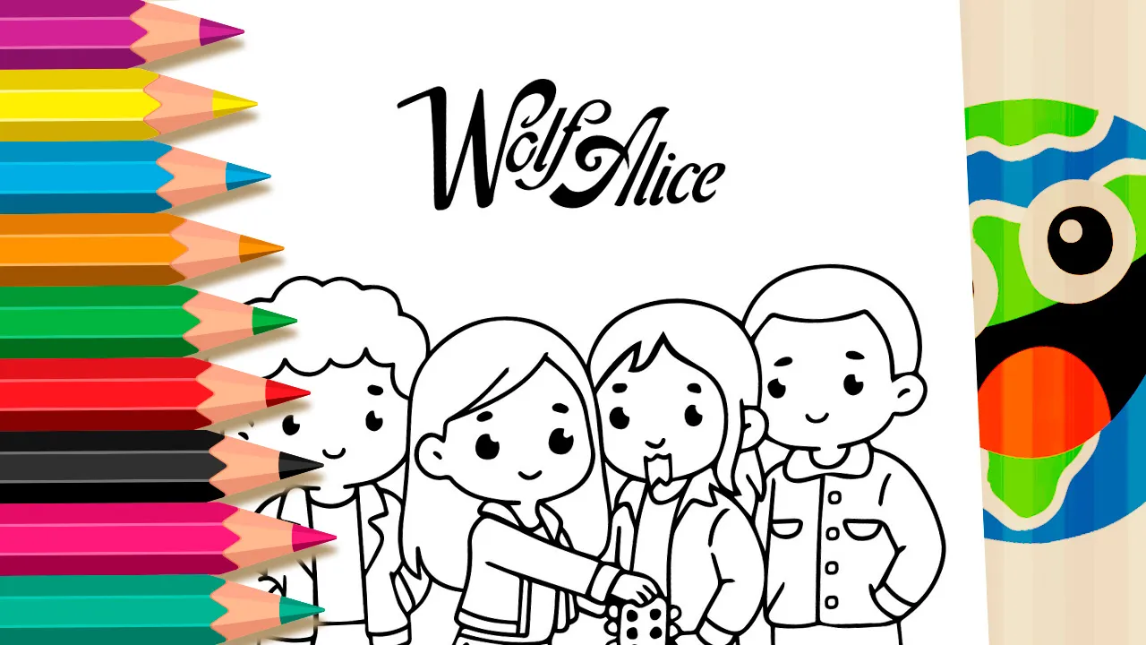 Wolf Alice band members coloring page in a cute kawaii style, ready to be colored online or printed.